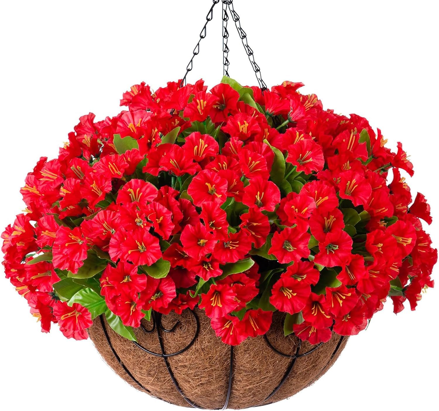 Artificial Hanging Flower Plants with Basket for Spring Summer Outdoor Decoration, Faux Petunias Flowers Fake Morning Glory Planter for Outside Patio Garden Porch Balcony Yard Decor(Red)