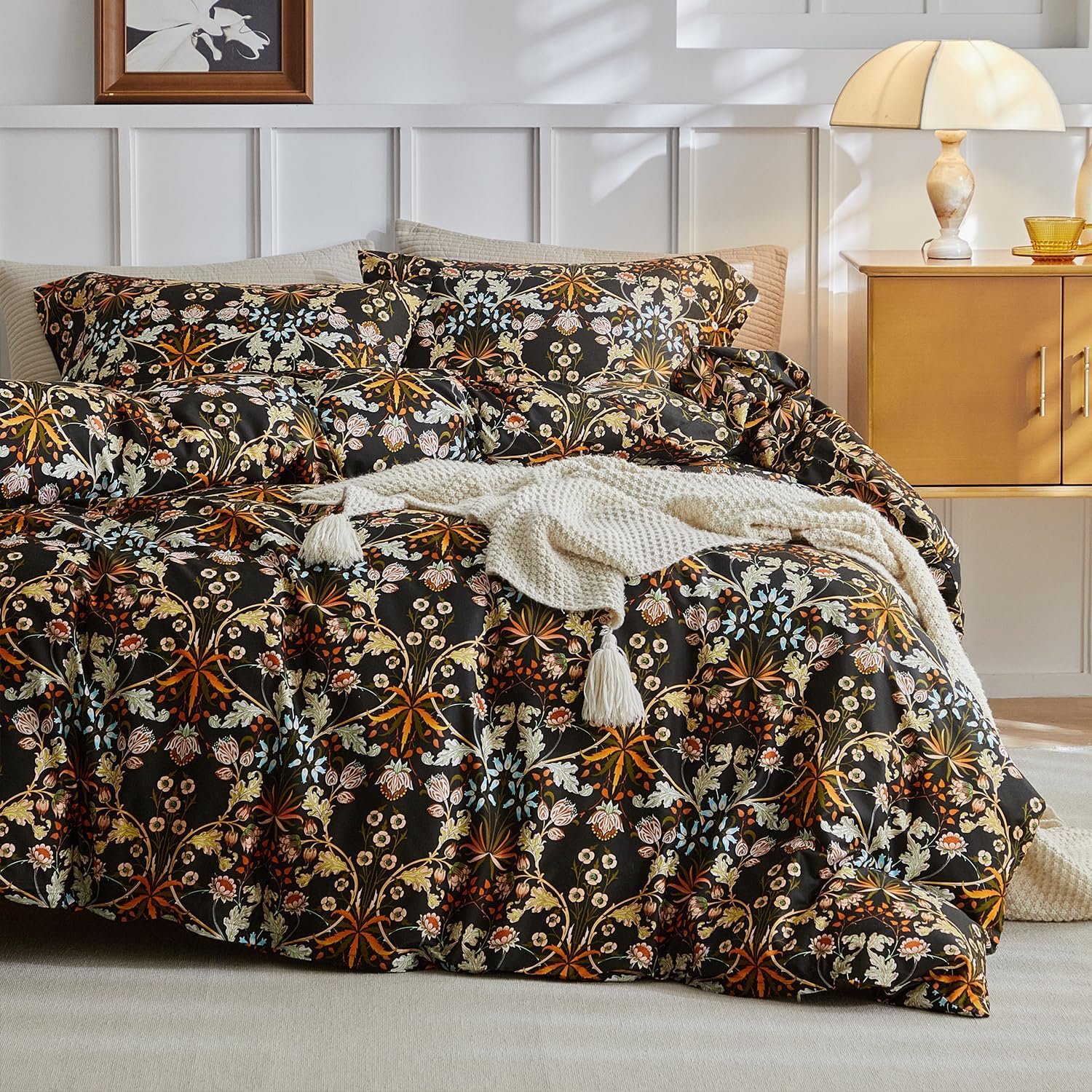 mixinni Vintage Floral Duvet Cover Queen Size Farmhouse Boho Duvet Cover Set Cotton Percale Flowers Pattern Printed Bedding Set with 2 Pillowcases Perfect for Him and Her-Queen Size